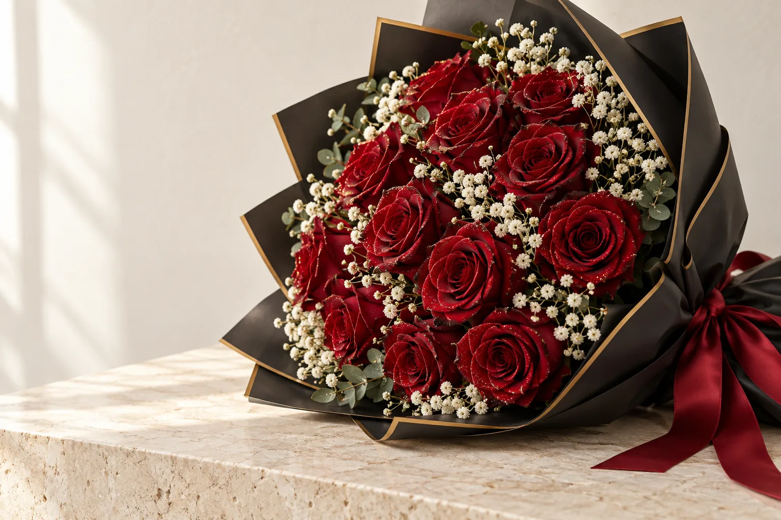 Red rose bouquet wrapped in black and gold paper